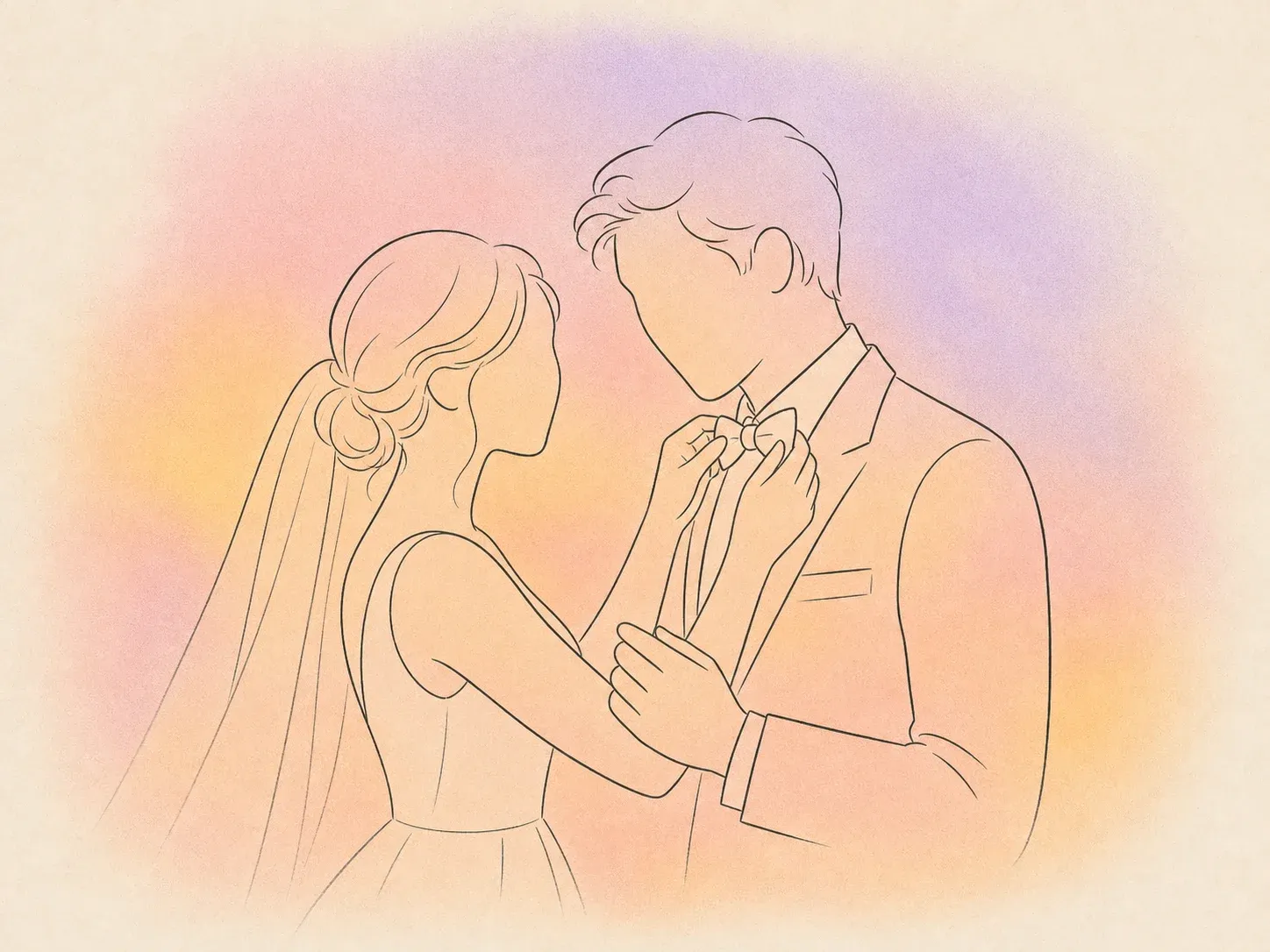 Bride adjusts the groom's bow tie before their wedding ceremony