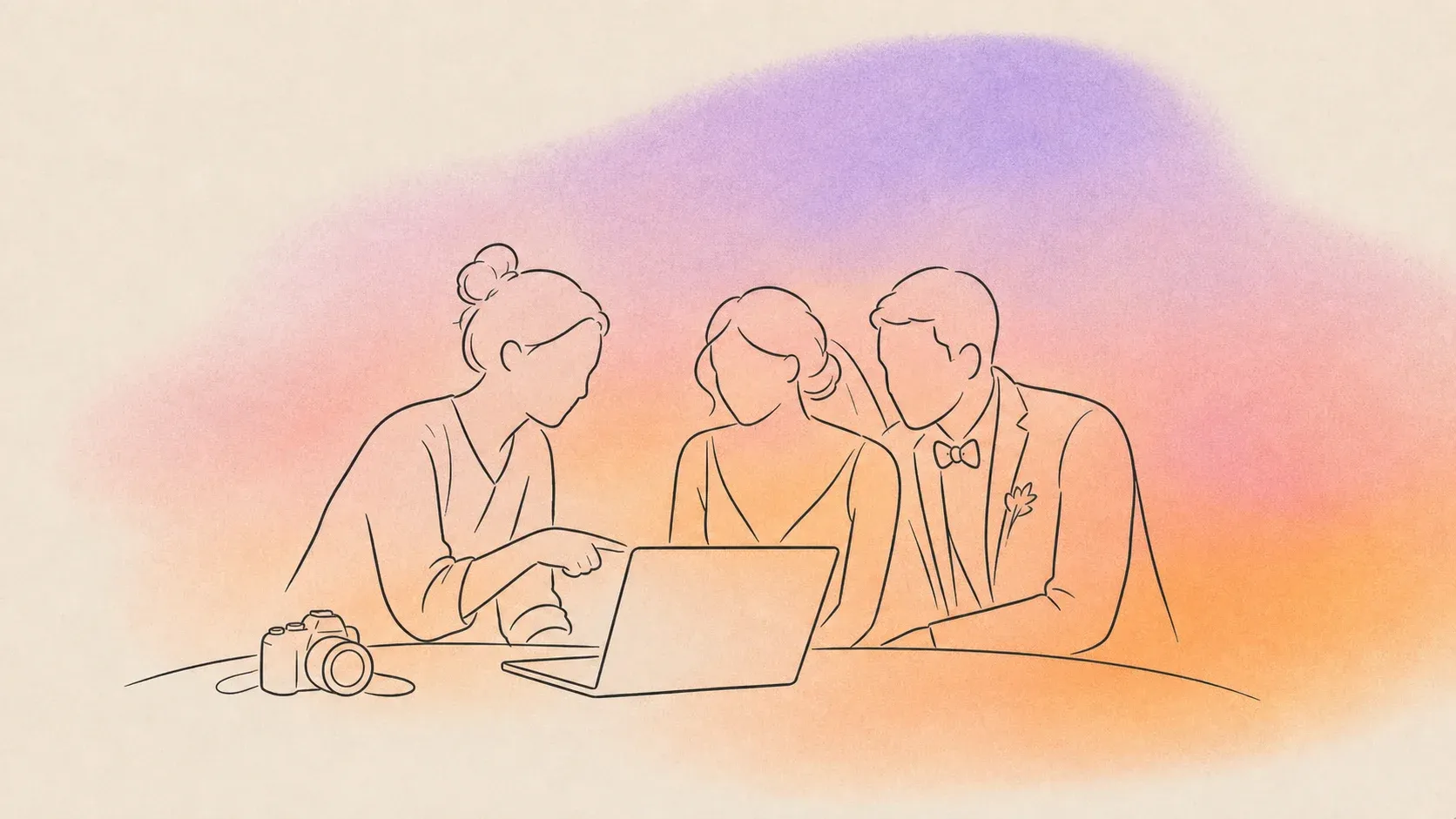 Photographer guides a couple through a gallery workflow on a laptop