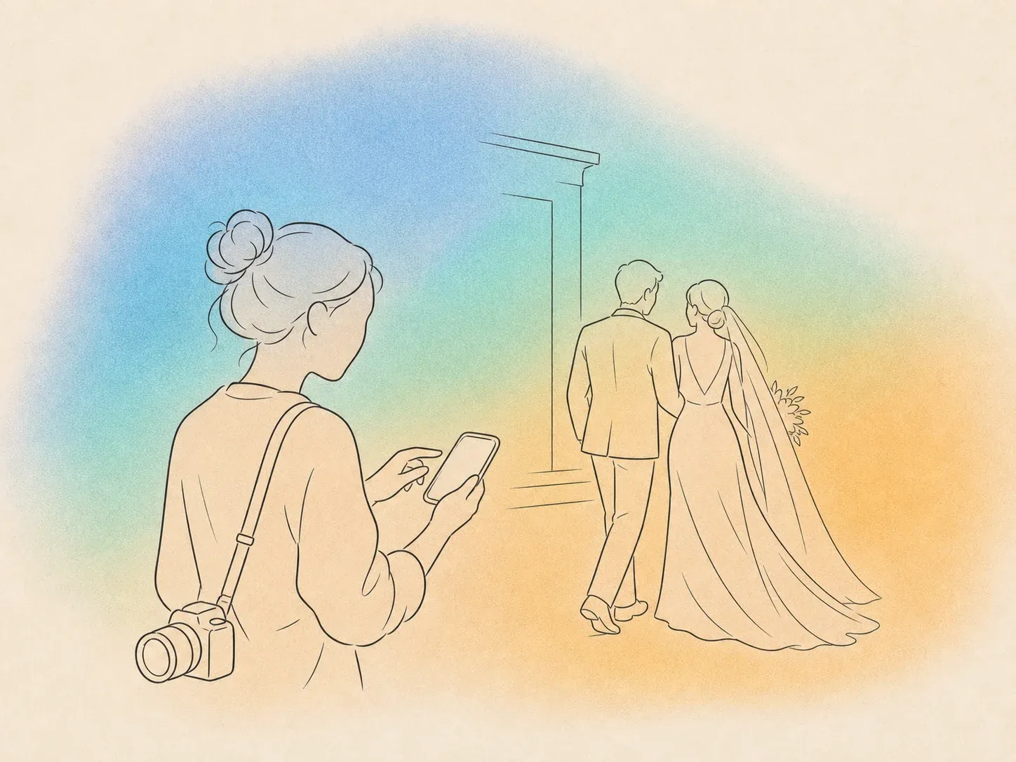 Photographer holds a phone while a couple leaves a wedding venue